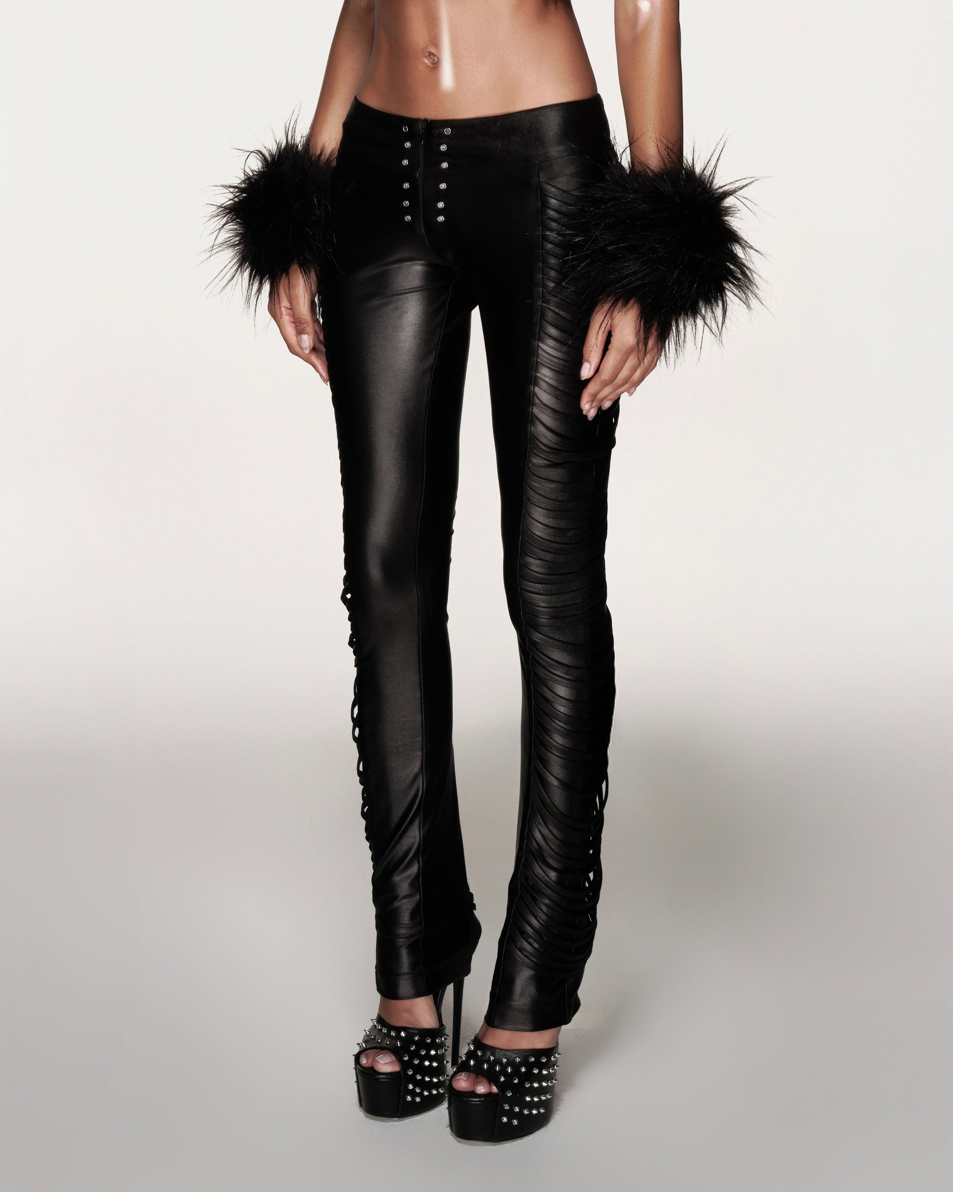 “Sculpted Leather Ruched Pants”
