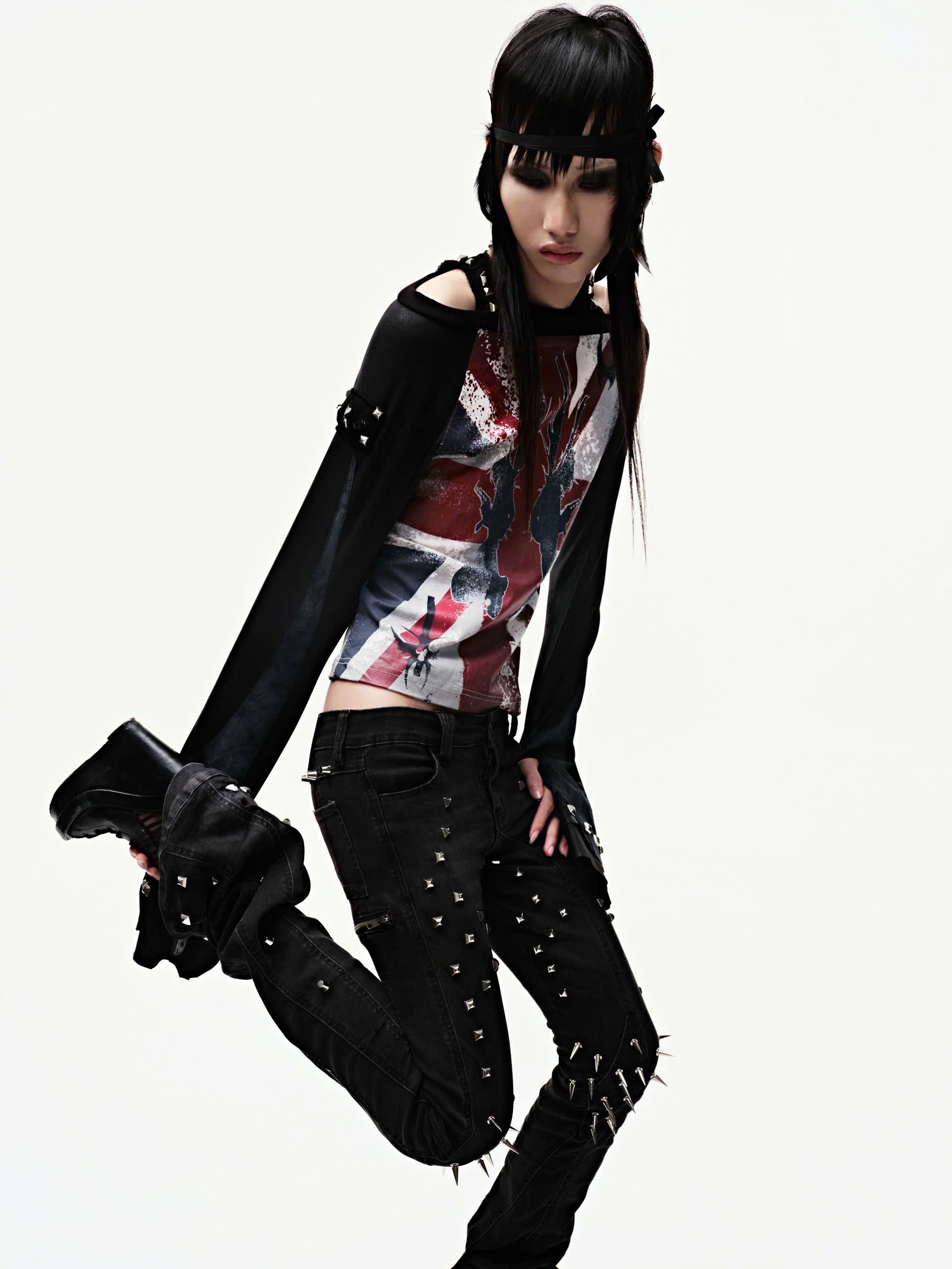 CZ SPIKE STUDDED SKINNY BLACK JEANS