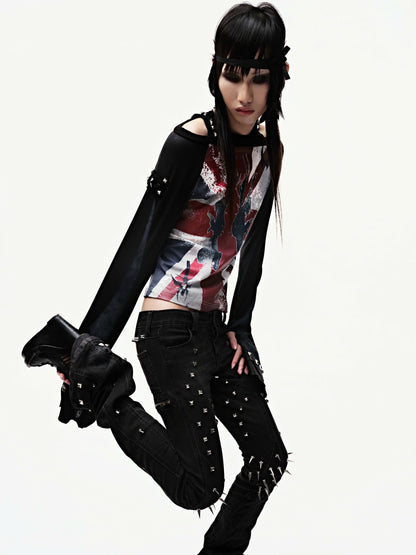 CZ SPIKE STUDDED SKINNY BLACK JEANS