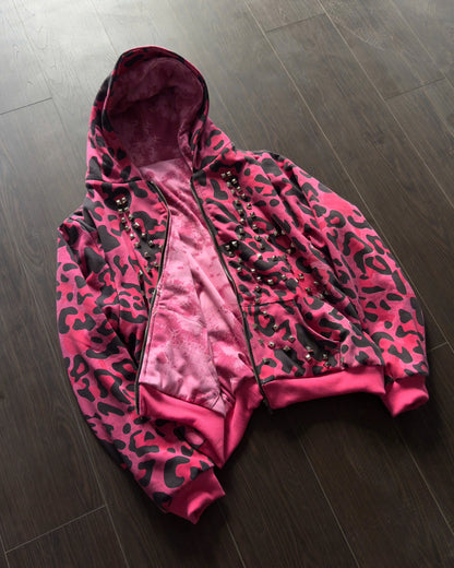 PINK GLAMOUR STUDDED 2SIDES HOODZIP