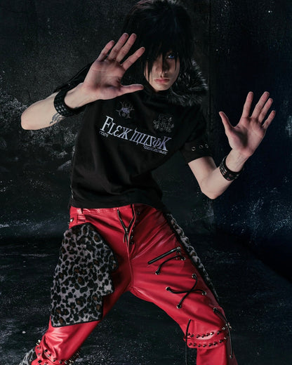 "FLAWLESS" LEOPARD MIX RED LEATHER SKINNY FLARED