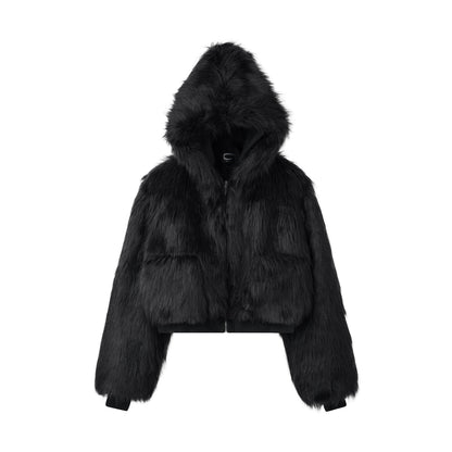 CZ FAUX FUR REVERSIBLE CROPPED JACKET ( BLACK )