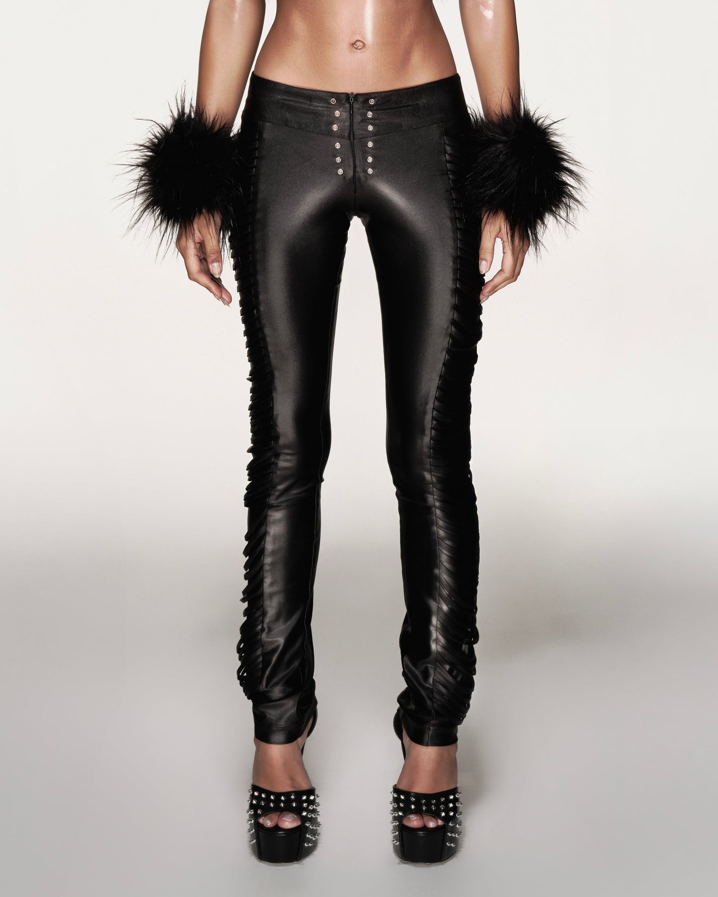 “Sculpted Leather Ruched Pants”