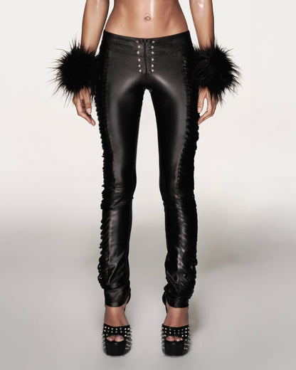“Sculpted Leather Ruched Pants”