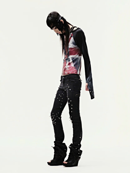 CZ SPIKE STUDDED SKINNY BLACK JEANS